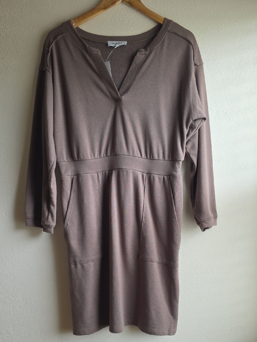 New-Gilli Long Sleeve V-Neck Dress in Taupe